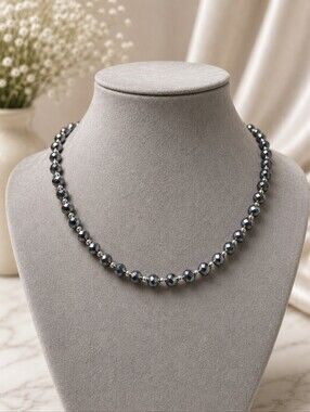 Vintage Faceted Black & Blue Carnival Glass Bead Necklace – Knotted Strand